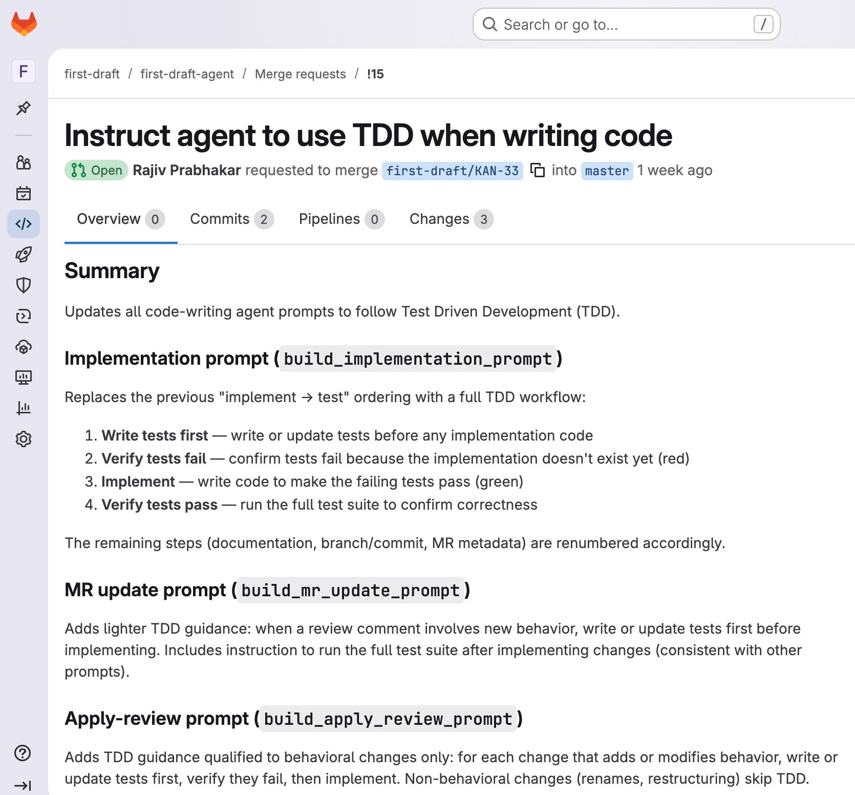 A GitLab merge request created by CodeProdigy
